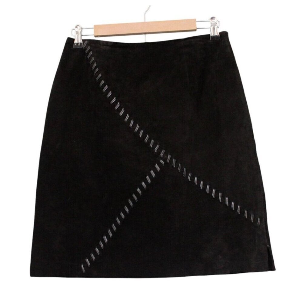 Vintage 100% Leather Skirt Size 10 Black Suede Thick Stitch Punk Rock Grunge
